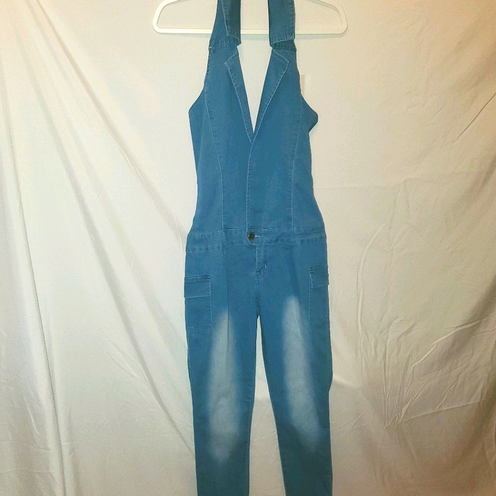 Denim halter jumper with ankle cuff